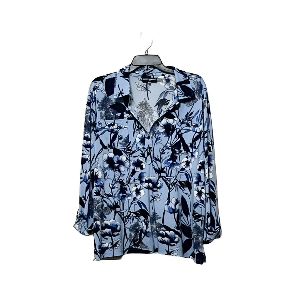 KARL LAGERFELD Floral Long Sleeve Half Button Down Shirt Blue Sz XL